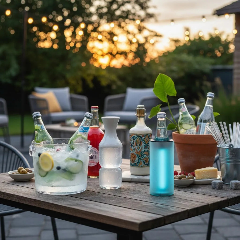 Bouteilles de boissons conservées au frais lors d’un apéro sur terrasse avec solutions isothermes, table dressée