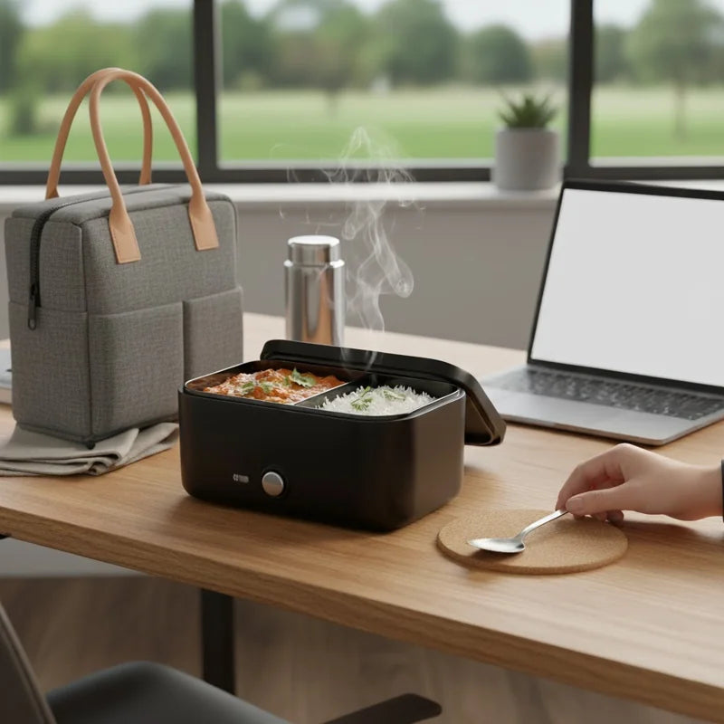 Repas chaud dans une lunch box noire à côté d’un sac isotherme et d’un ordinateur portable dans un bureau lumineux.