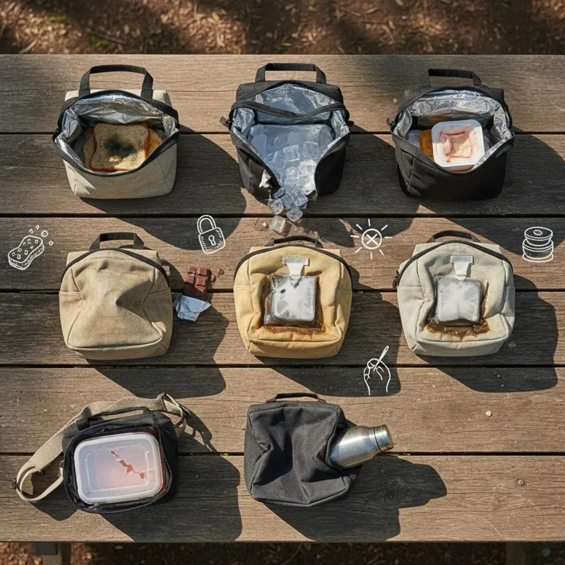 Comparatif visuel de sacs isothermes mal utilisés, illustrant les fuites, moisissures et erreurs de conservation.