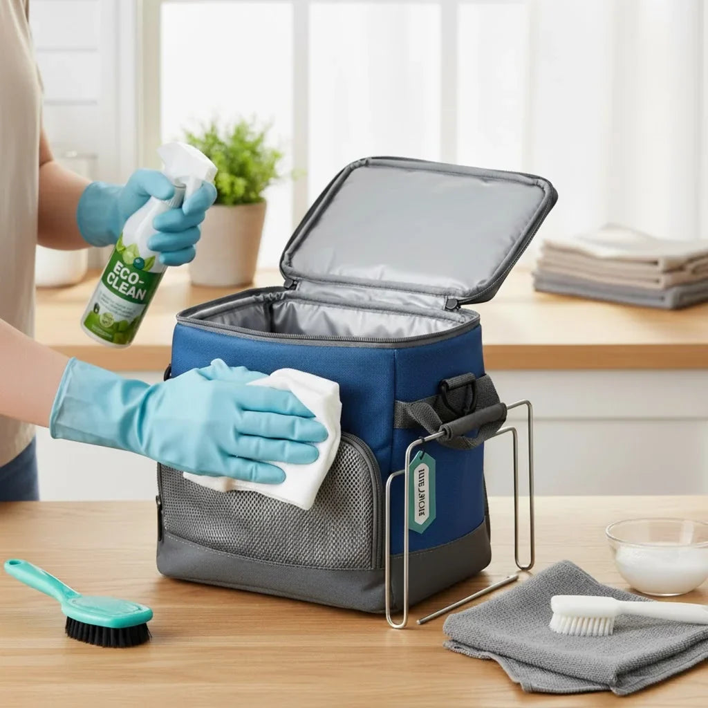 Nettoyage d’un sac isotherme bleu avec des gants et un spray écologique sur une table, illustrant l’entretien simple et hygiénique.