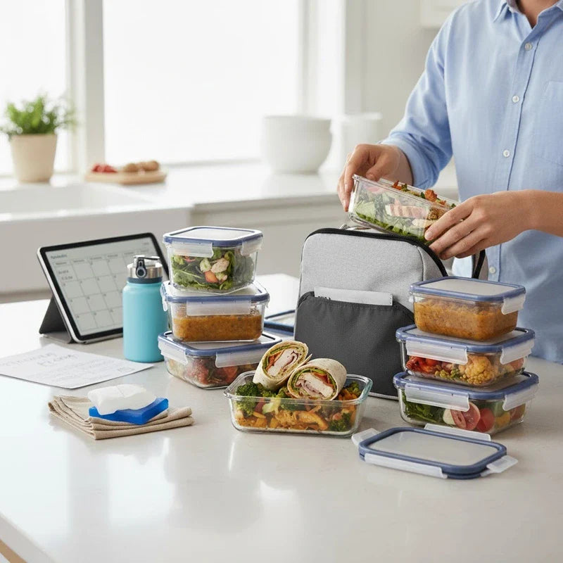Préparation de repas dans des boîtes hermétiques avant rangement dans un sac isotherme posé sur un plan de cuisine