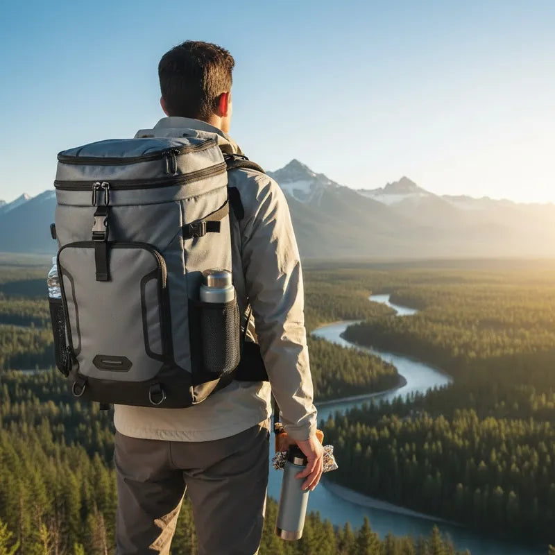 Homme en randonnée portant un sac à dos isotherme face à un paysage de montagnes et de forêt.