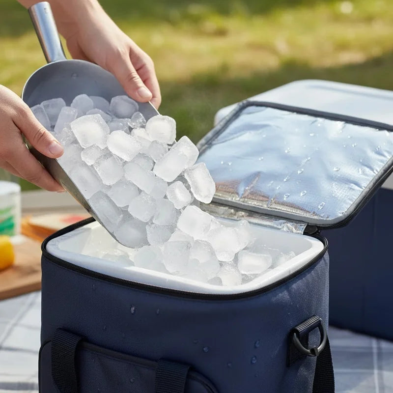 Sac isotherme bleu avec glaçons versés à l’intérieur, idéal pour garder les boissons fraîches pendant les journées ensoleillées.
