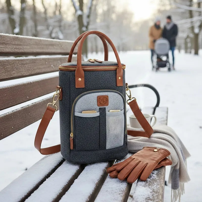 Sac isotherme gris posé sur un banc enneigé, idéal pour garder les repas et biberons au chaud lors des sorties hivernales avec bébé.