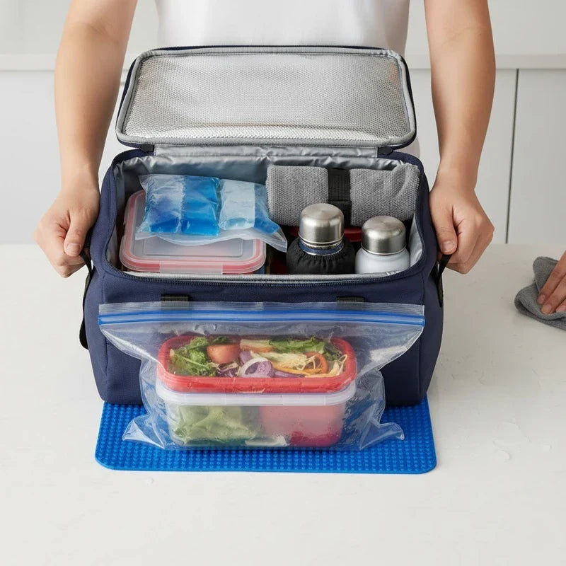 Une personne ouvre un sac isotherme bleu contenant des boîtes repas, des pains de glace et deux bouteilles en inox, posé sur un plan de travail blanc.