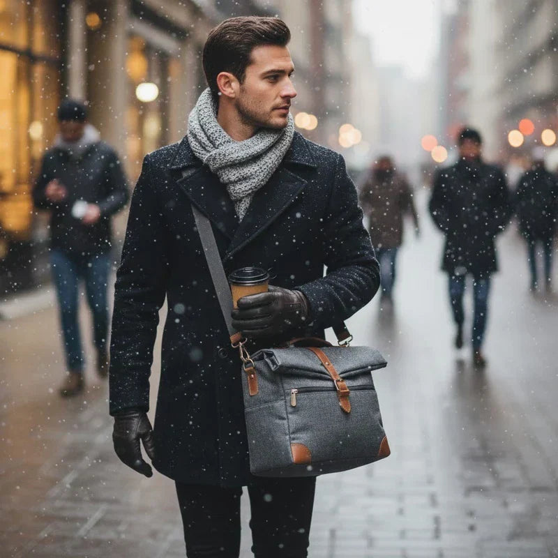 Homme marchant en hiver avec un sac isotherme gris porté en bandoulière, dans une rue enneigée.
