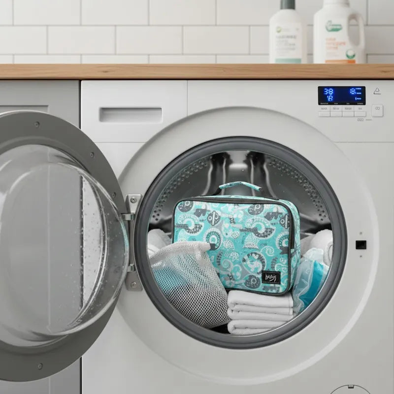 Sac isotherme turquoise placé dans un tambour de machine à laver rempli de serviettes blanches.