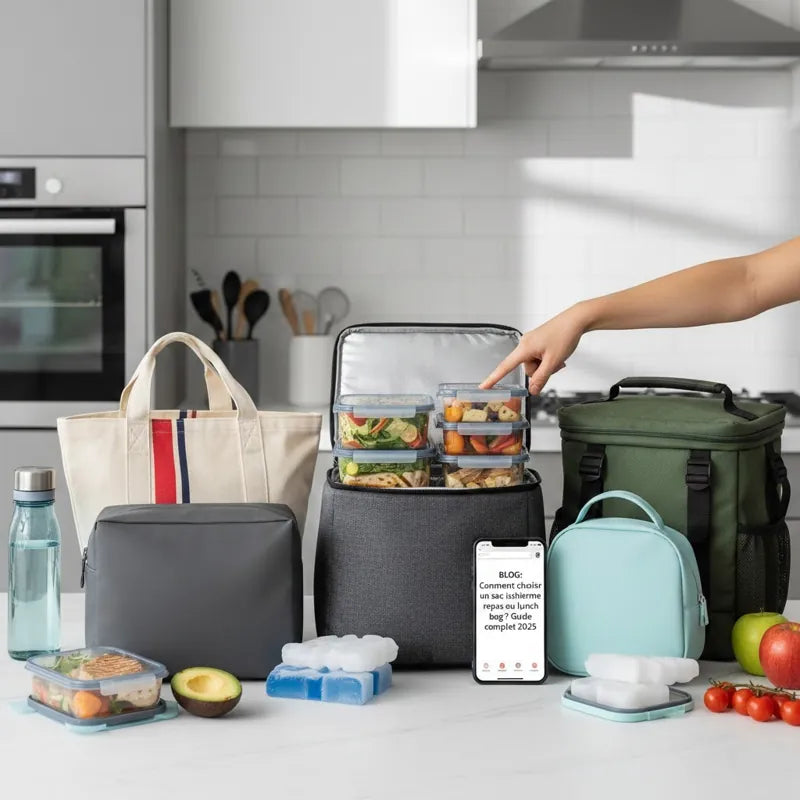 Différents sacs isothermes remplis de repas et blocs réfrigérants sur un plan de cuisine, prêts pour la journée.