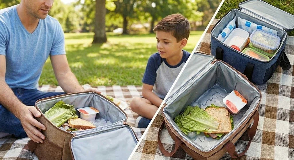Lunch bag isotherme utilisé en extérieur pour un pique-nique, rempli de repas froids et boîtes alimentaires, avec un parent et un enfant assis sur une couverture.