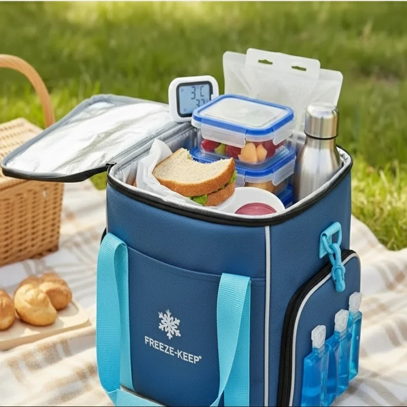 Sac isotherme bleu Freeze-Keep ouvert sur une couverture de pique-nique, contenant un sandwich, des fruits, une gourde inox et des blocs de glace.