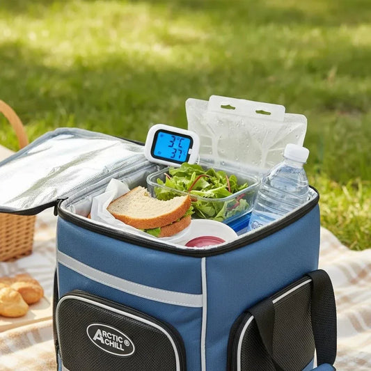 Sac isotherme repas bleu ouvert sur une couverture de pique-nique, contenant un sandwich, une salade, une bouteille d’eau et des pains de glace, avec un thermomètre affichant la température.
