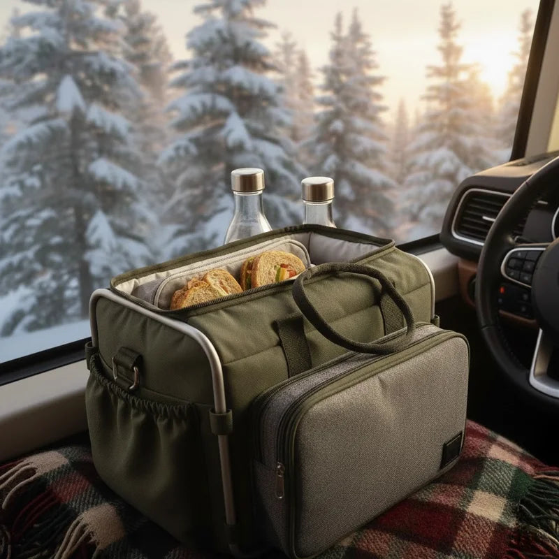 Sac isotherme repas posé dans une voiture en hiver, contenant des sandwichs et des bouteilles, idéal pour voyager en train ou en voiture sans stress.