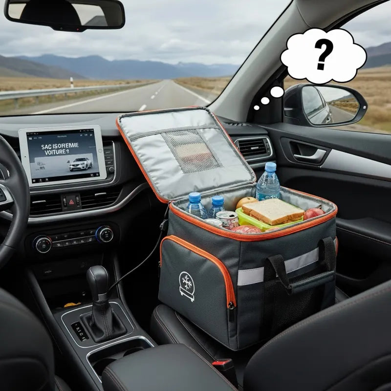 Sac isotherme gris à bordures orange ouvert sur le siège d’une voiture, contenant repas et boissons, idéal pour garder les aliments frais pendant un long trajet.