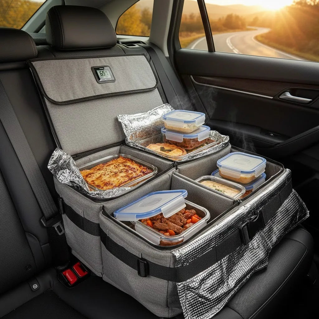 Transport de repas faits maison dans un sac isotherme installé sur un siège de voiture pour maintenir les plats au chaud sans renversement.