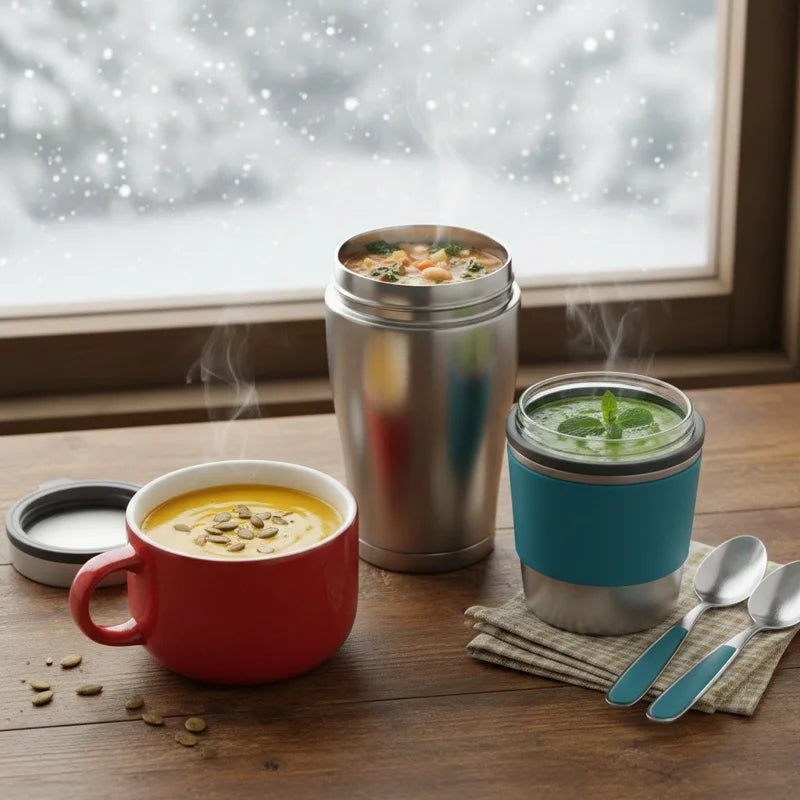 Thermos et bocal de soupe d’hiver posés sur une table, repas chaud prêt à être transporté dans un sac isotherme pour le travail.