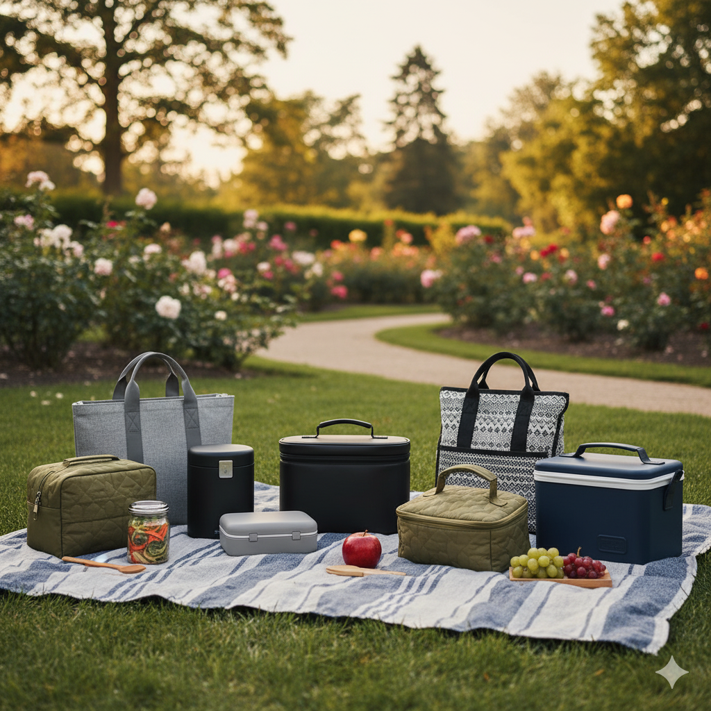 Sac isotherme dans un jardin poser sur un drap