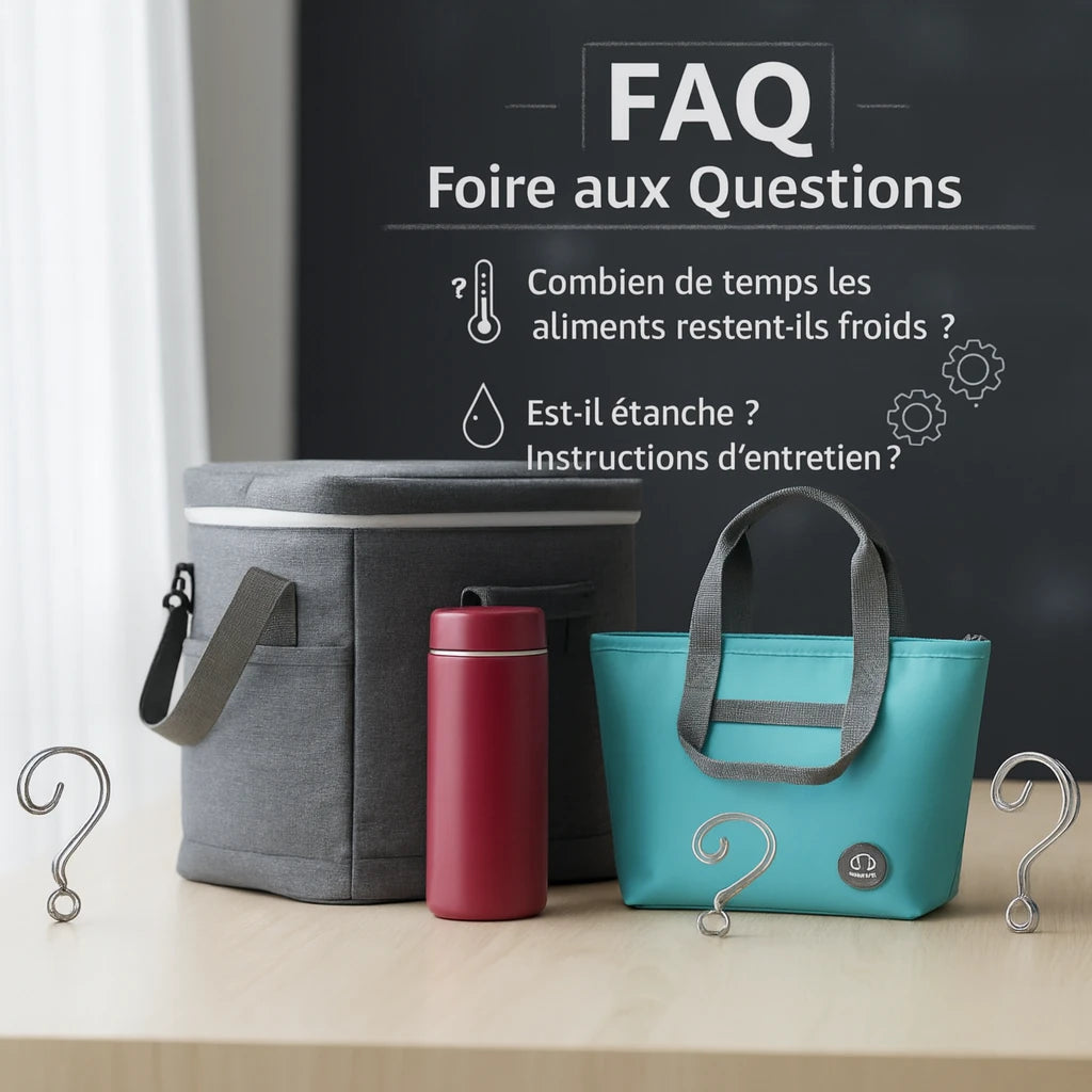 Image illustrée de la FAQ d’une boutique de sacs isothermes, montrant un grand sac gris, un sac turquoise et une bouteille rouge sur une table en bois avec des icônes de questions.
