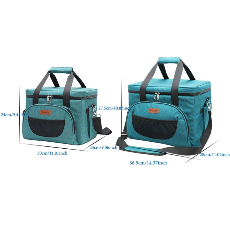 Glacières isothermes bleu azur en formats 16L et 28L, montrées côte à côte avec leurs dimensions détaillées pour comparer la capacité et la taille.