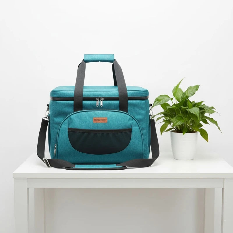 Glacière isotherme bleu azur posée sur une table blanche, avec poignée renforcée et poche frontale, idéale pour conserver repas et boissons au frais.