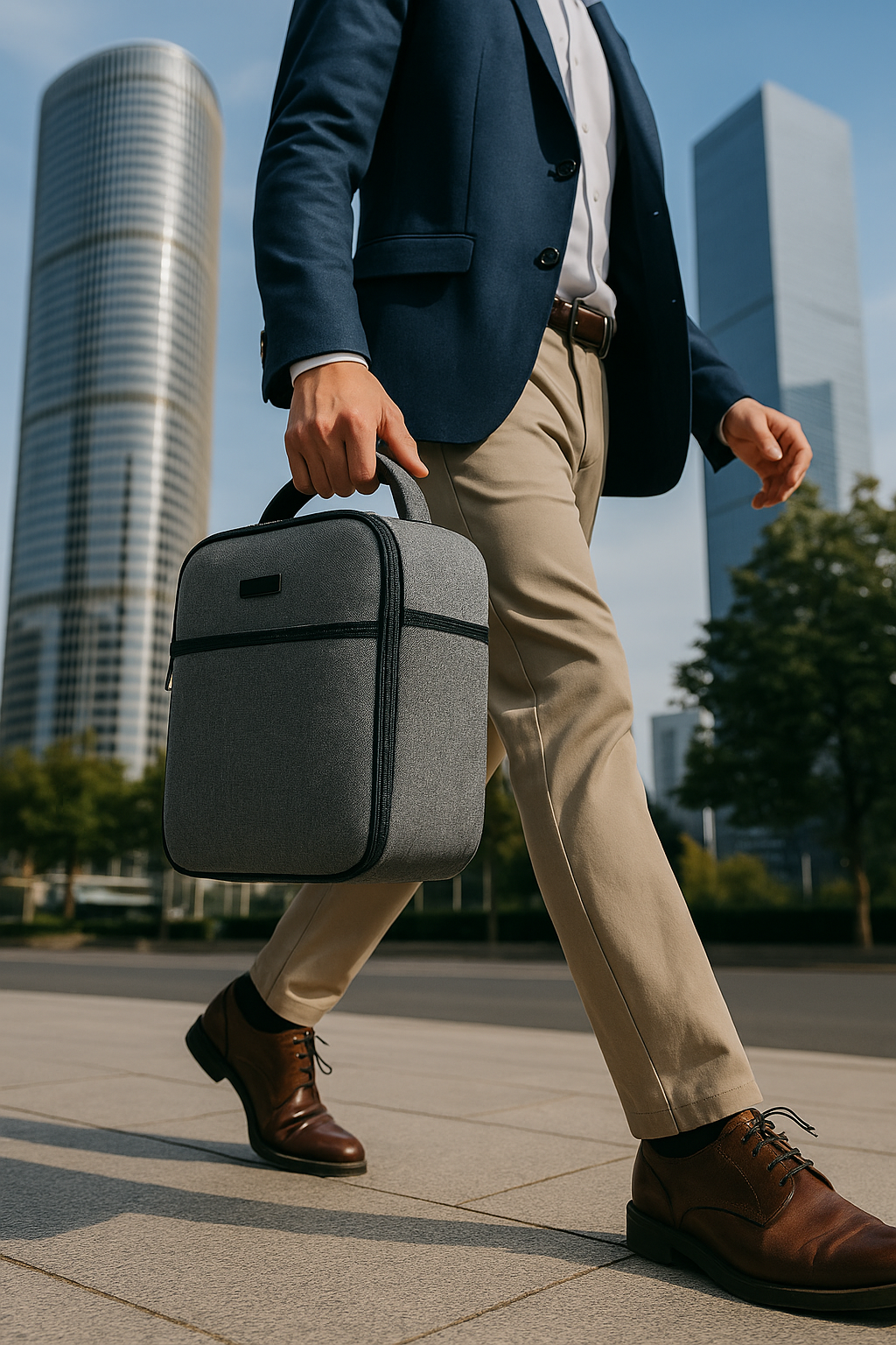 Homme qui marche avec un sac isotherme