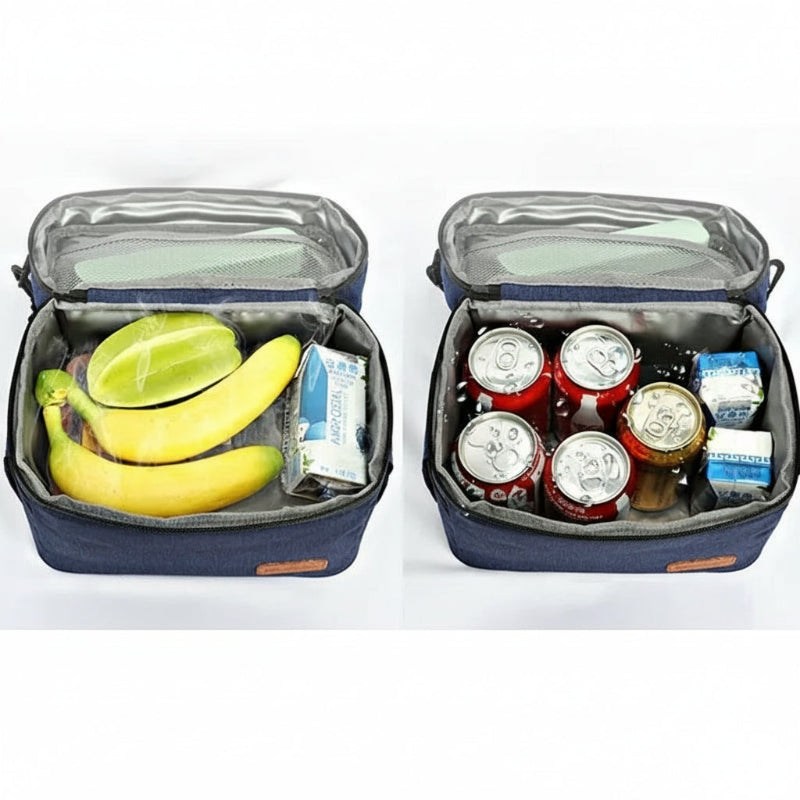 Lunch bag isotherme 7L bleu denim ouvert, montrant sa capacité à contenir des fruits, boissons et encas grâce à son intérieur isolé.