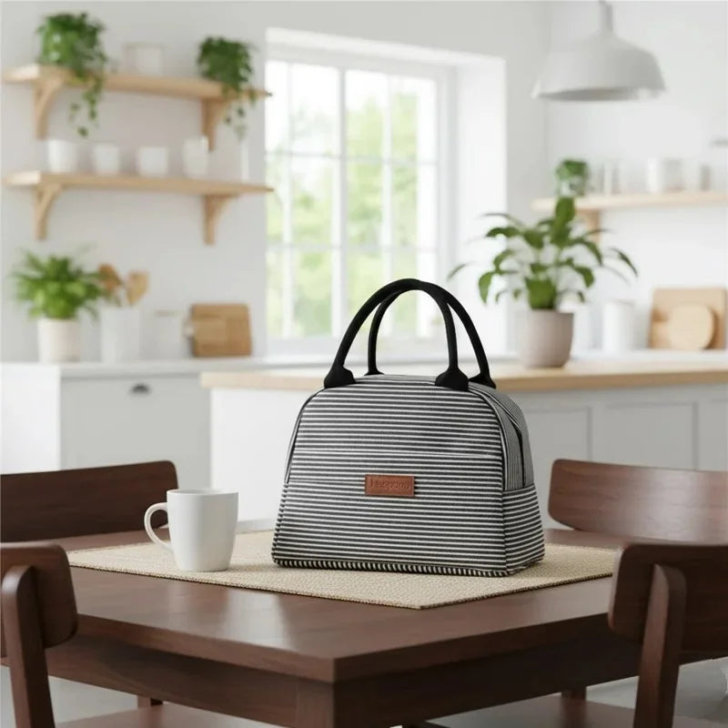 Lunch Bag à rayures noir et blanc posé sur une table en bois dans une cuisine lumineuse, alliant design moderne et praticité pour le transport des repas.