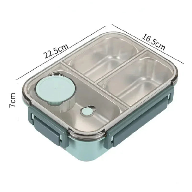 Lunch box isotherme en acier inoxydable à trois compartiments avec couvercle étanche, dimensions 22,5 × 16,5 × 7 cm, idéale pour un repas équilibré transporté facilement au bureau, à l’école ou en déplacement.