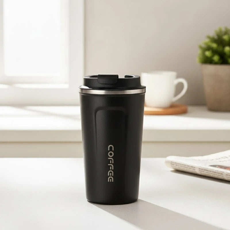 mug isotherme noire en inox avec couvercle hermétique, posée sur une table de cuisine lumineuse avec tasse blanche et journal en arrière-plan.