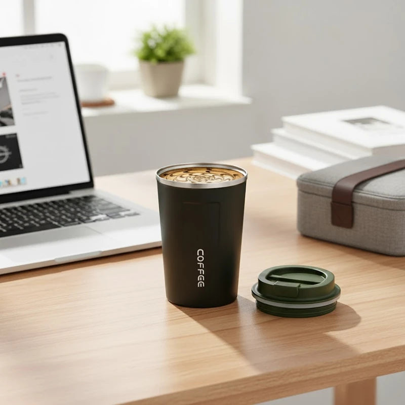 mug isotherme verte en inox remplie de café, posée sur un bureau en bois clair avec un couvercle à côté, un ordinateur portable et une sacoche grise en arrière-plan.