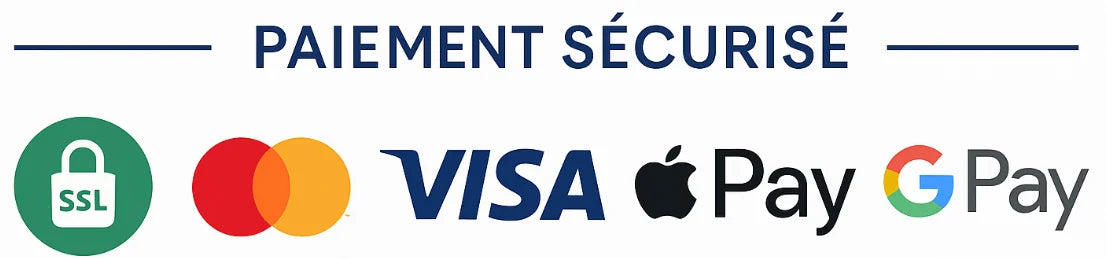 Logos de paiement sécurisé incluant Mastercard, Visa, Apple Pay et Google Pay, garantissant des transactions protégées par chiffrement SSL