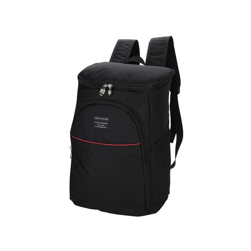 sac à dos isotherme noir en vue studio, avec poche avant zippée et détail rouge, présenté de face