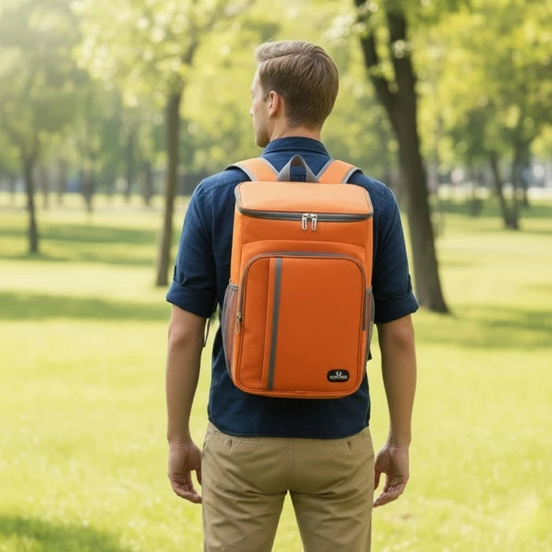 Homme portant un sac à dos isotherme orange dans un parc ensoleillé, idéal pour transporter des repas et boissons frais lors de pique-niques ou sorties estivales.