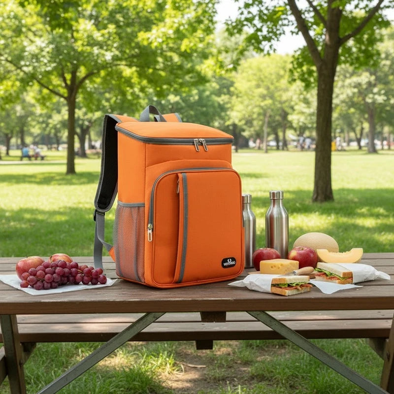 Sac à dos isotherme orange posé sur une table de pique-nique, entouré de fruits, sandwichs et bouteilles, illustrant son usage pratique pour garder les repas frais en plein air.