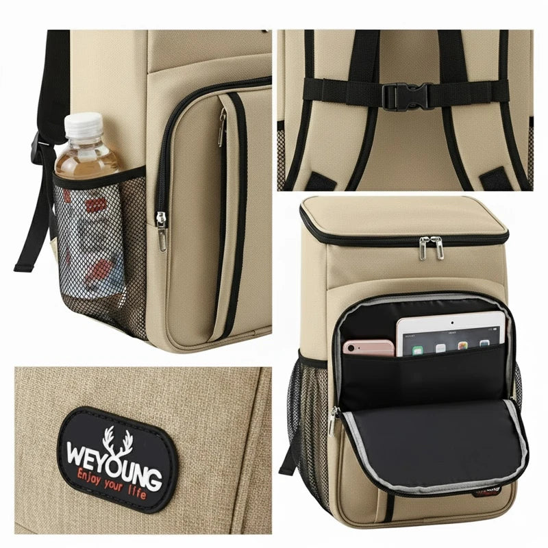 Vue détaillée d’un sac à dos isotherme beige montrant les poches latérales en filet, la sangle dorsale, la poche avant pour tablette et téléphone, et le logo “Weyoung Enjoy your life”.