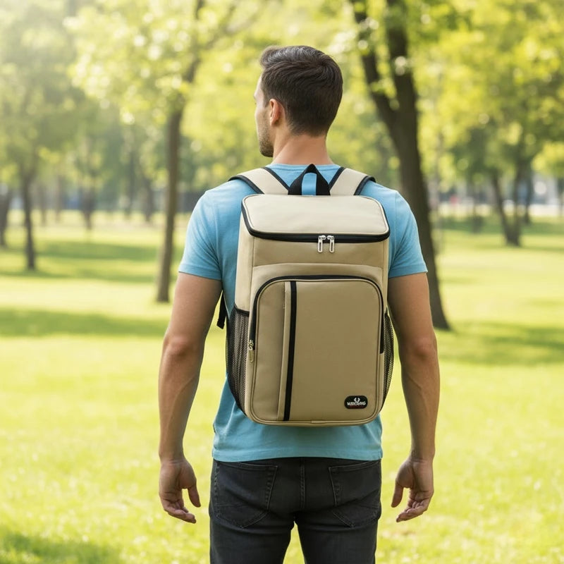 Homme de dos portant un sac à dos isotherme beige dans un parc verdoyant, sous la lumière du soleil, illustrant un usage pratique pour les sorties en plein air.