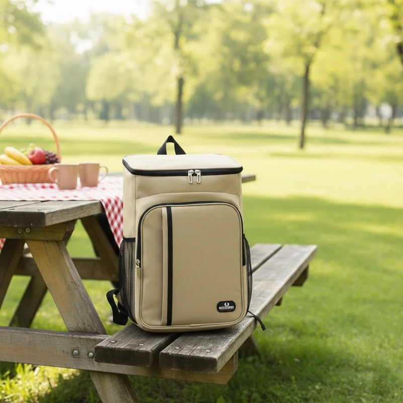 Sac à dos isotherme beige posé sur une table de pique-nique en bois, avec en arrière-plan un panier de fruits et une nappe rouge à carreaux dans un parc ensoleillé.