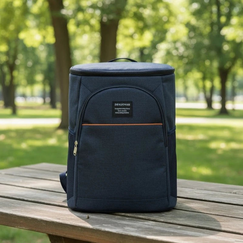 sac à dos isotherme bleu marine posé sur une table de parc, face avant avec poche zippée et liseré orange