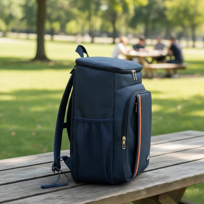 Sac à dos isotherme bleu marine posé sur une table en bois dans un parc, vu de côté, avec poche avant orange et design moderne.