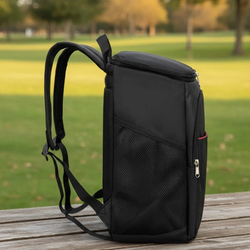 Sac à dos isotherme noir vu de côté, posé sur une table extérieure, avec poche latérale en maille et tirette métallique.