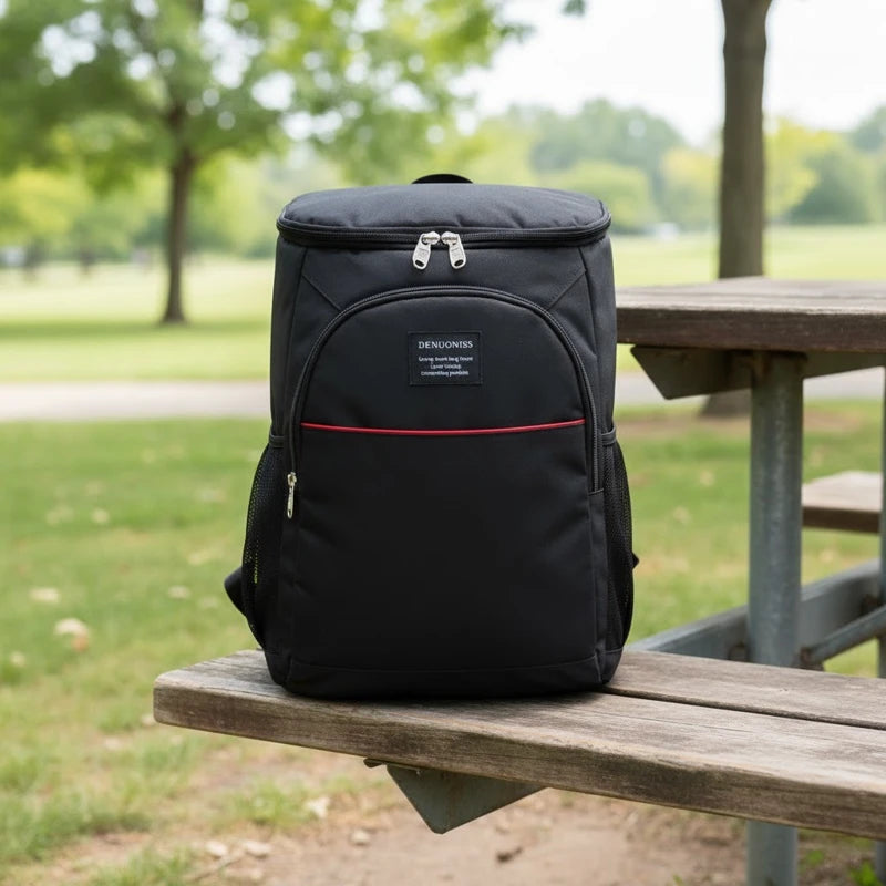 sac à dos isotherme noir posé sur une table de parc, vue de face avec détail rouge et fermeture double zip