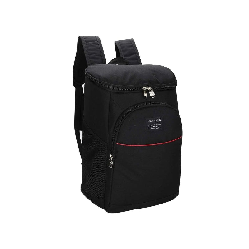 sac à dos isotherme noir en vue de profil sur fond blanc, avec poche avant zippée et détail rouge