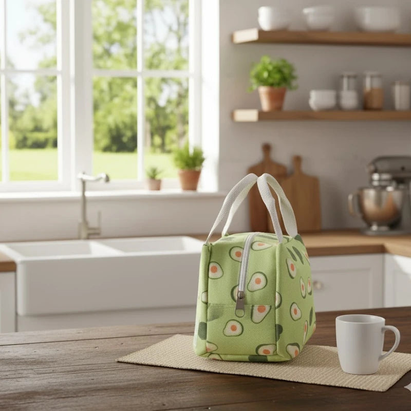 Sac isotherme vert à motifs d’avocats posé sur une table en bois dans une cuisine lumineuse, avec une tasse blanche et une fenêtre donnant sur un jardin.