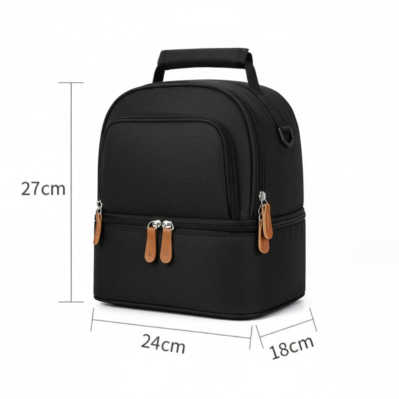 Sac isotherme bébé biberon noir à double compartiment avec dimensions indiquées, format compact adapté au transport du biberon et des repas.