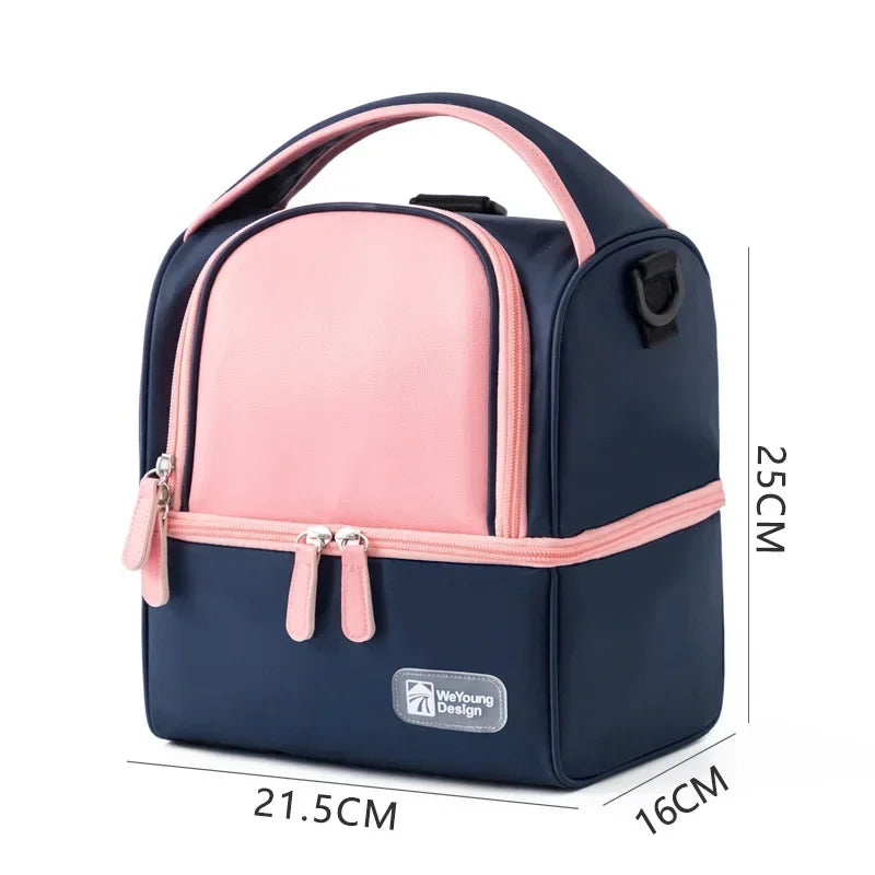 Sac isotherme bébé bleu marine et rose avec double compartiment, présenté avec dimensions 25 × 21,5 × 16 cm, idéal pour repas et biberons.