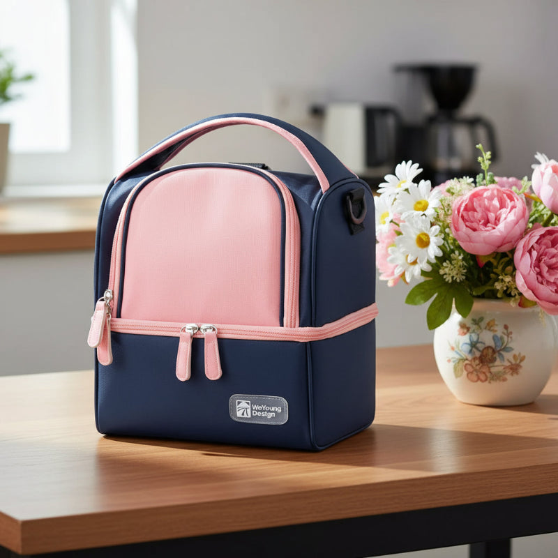 Sac isotherme bébé bleu marine et rose posé sur une table, avec double compartiment pour repas et biberons.