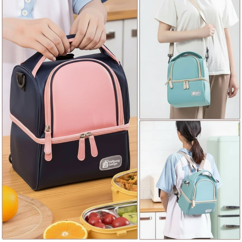 Sac isotherme bébé en bleu rose et bleu menthe, montré en utilisation à la main, en bandoulière et en sac à dos, adapté au transport de repas et biberons.
