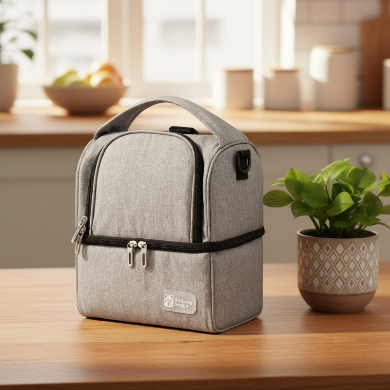 Sac isotherme bébé gris posé sur une table en bois, format lunch bag avec double compartiment pour repas et biberons.