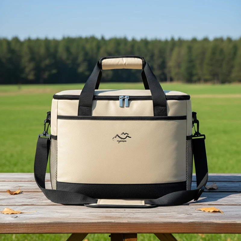 sac isotherme beige crème et noir vu de face, posé sur une table en bois en extérieur avec bandoulière et poignées