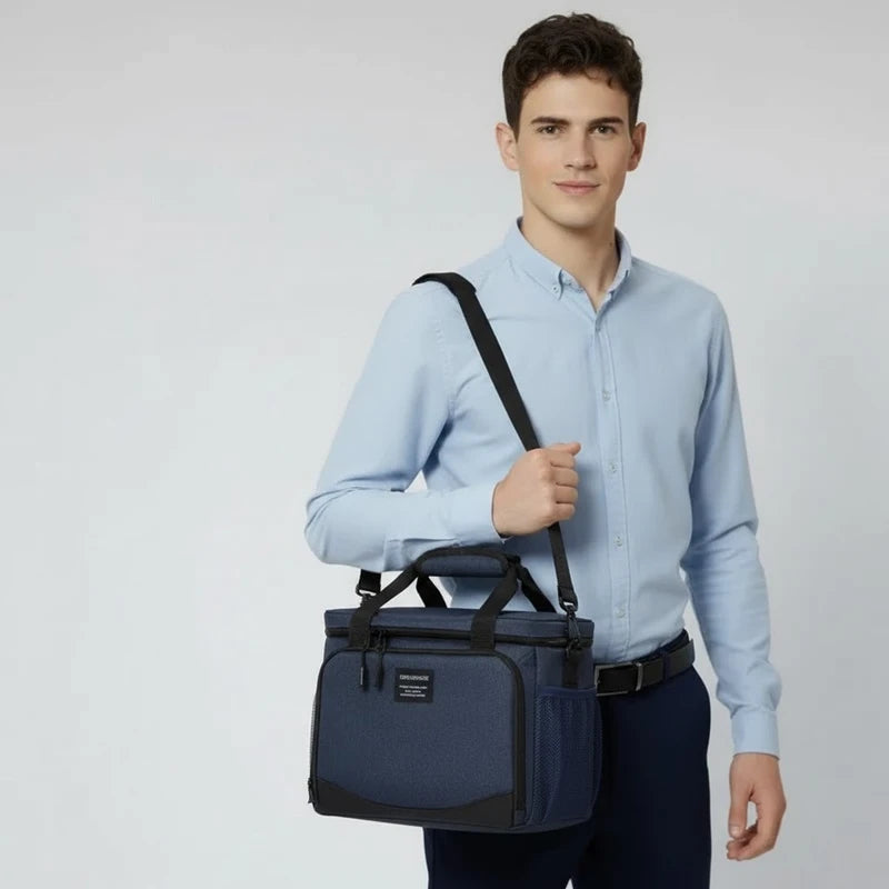 Homme portant un sac isotherme bleu en bandoulière, idéal pour transporter un repas au travail ou en déplacement.