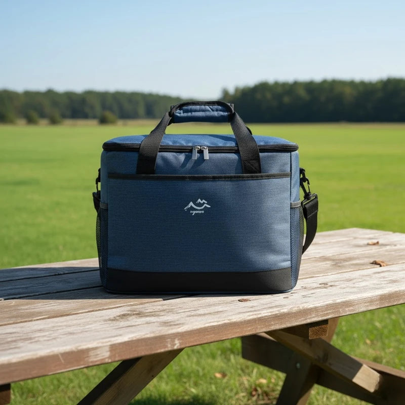 sac isotherme bleu chiné et noir posé sur une table en bois, vu de face, en extérieur dans un parc ensoleillé